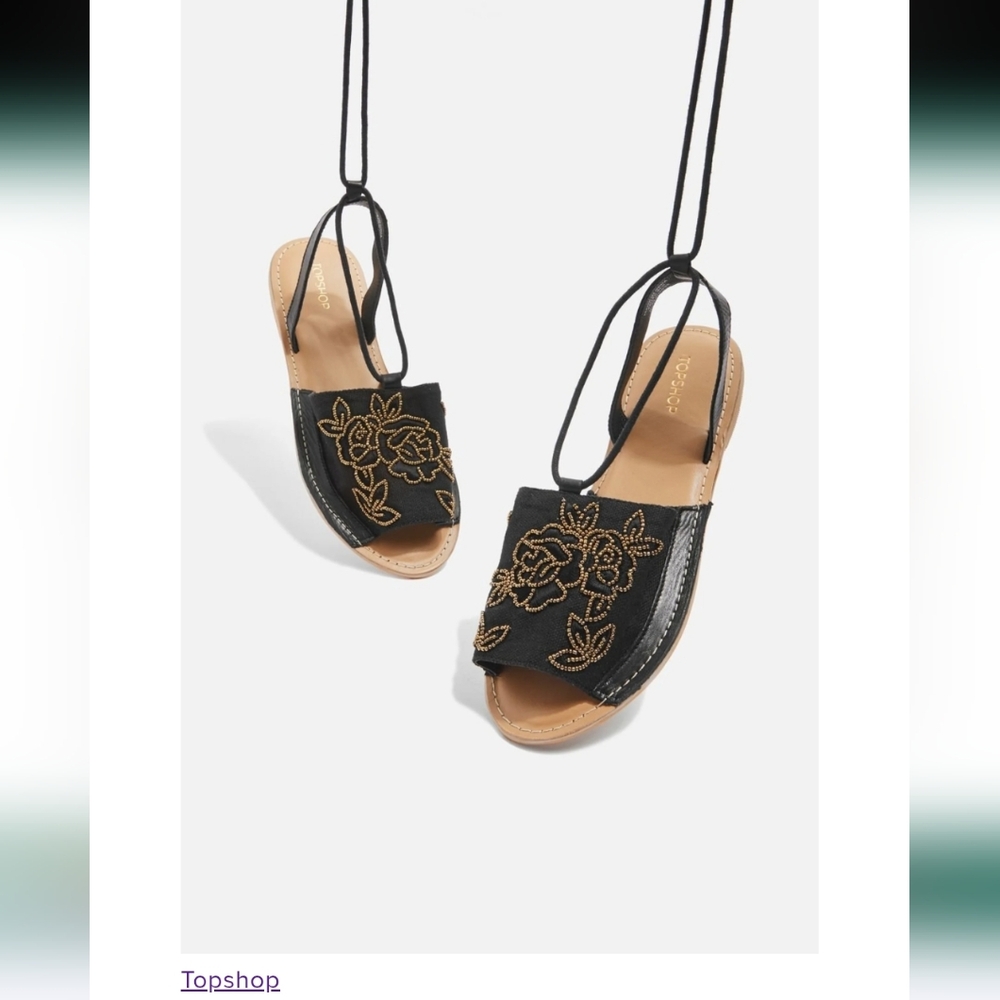 Topshop Black Sandals with Gold Floral Embroidery